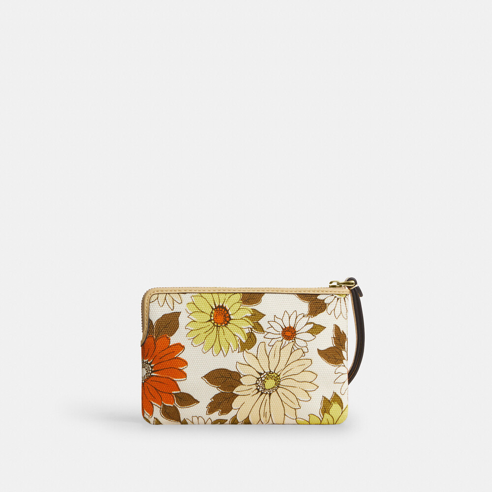 Coach Corner Zip Wristlet With Floral Print Vanilla Sunflower - Picture 2 of 7